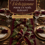 Une table de Noël décorée dans un style victorien bohème, avec des nappes riches et des accessoires élégants.