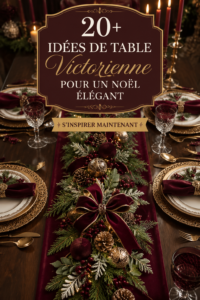 Une table de Noël décorée dans un style victorien bohème, avec des nappes riches et des accessoires élégants.