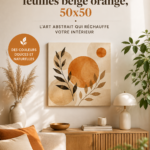 Toile abstraite beige et orange avec des motifs de cercles et de feuilles.