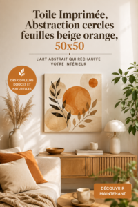 Toile abstraite beige et orange avec des motifs de cercles et de feuilles.