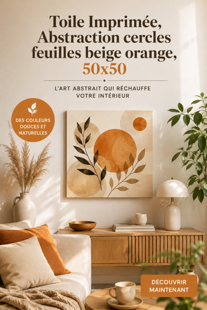Toile abstraite beige et orange avec des motifs de cercles et de feuilles.