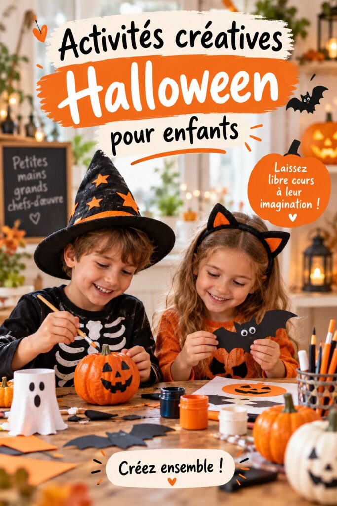 Des enfants s'amusent en réalisant des décorations d'Halloween dans un cadre chaleureux.