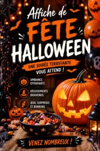 Affiche d'Halloween décorative dans un salon bohème, créant une ambiance chaleureuse.