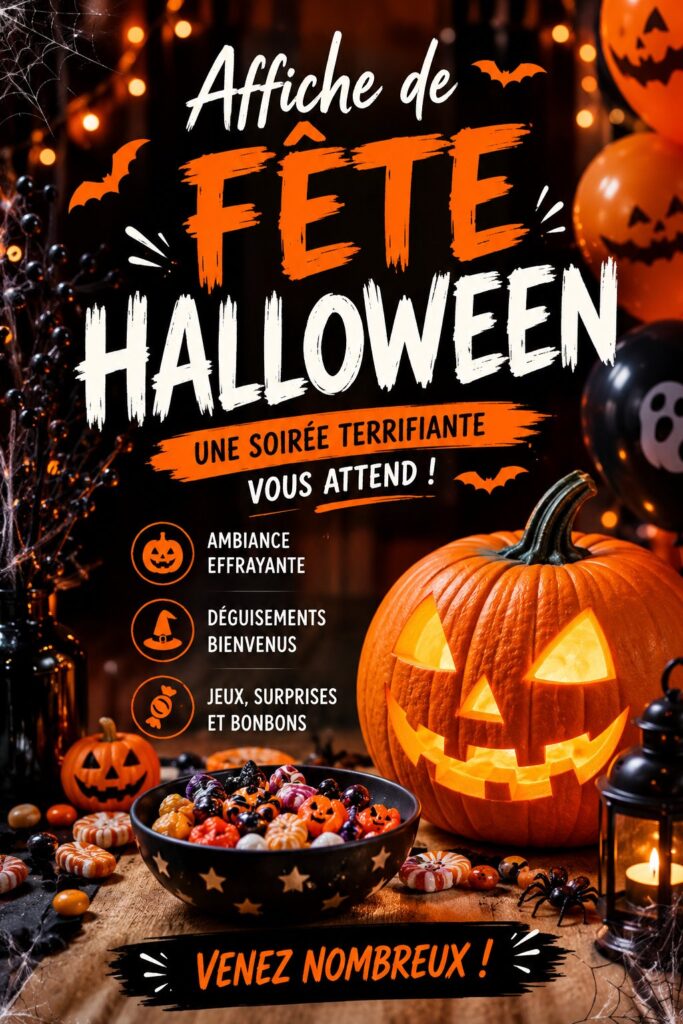 Affiche d'Halloween décorative dans un salon bohème, créant une ambiance chaleureuse.