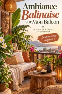 Un balcon décoré dans un style balinais avec des plantes tropicales et du mobilier en bois