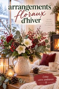 Arrangement floral d'hiver avec des fleurs aux tons chauds dans un vase bohème