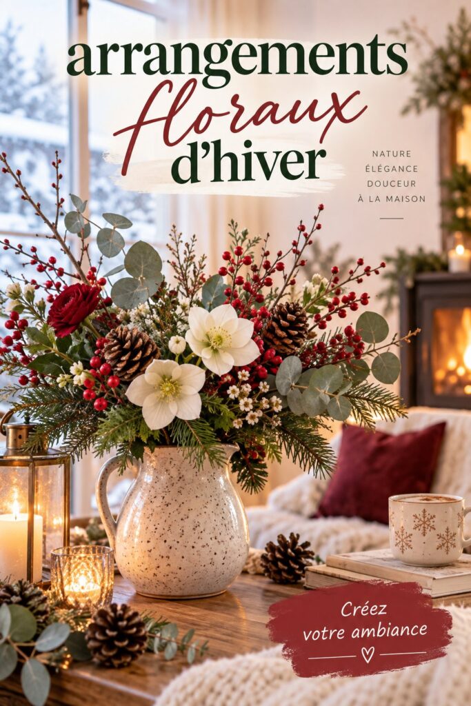 Arrangement floral d'hiver avec des fleurs aux tons chauds dans un vase bohème
