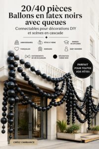 Une décoration de fête élégante avec des ballons noirs et des éléments bohèmes, créant une ambiance chaleureuse.