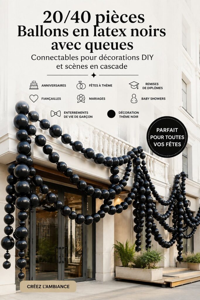 Une décoration de fête élégante avec des ballons noirs et des éléments bohèmes, créant une ambiance chaleureuse.