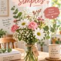 Un bouquet florale simple dans un vase sur une table en bois, apportant une touche chaleureuse à une pièce de style bohème.