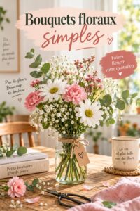 Un bouquet florale simple dans un vase sur une table en bois, apportant une touche chaleureuse à une pièce de style bohème.