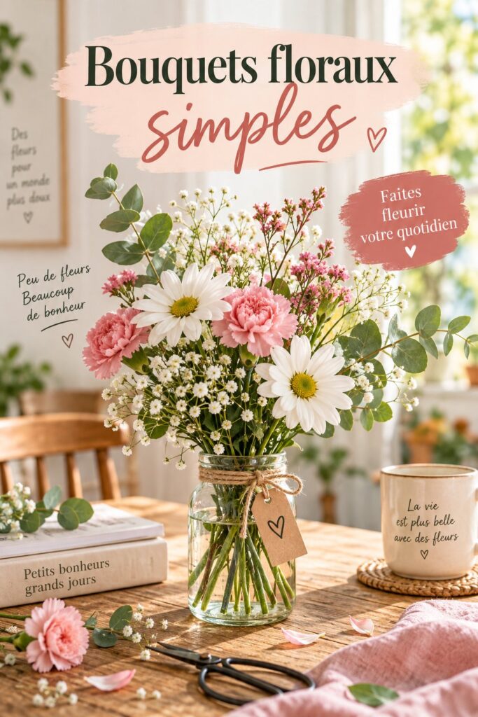 Un bouquet florale simple dans un vase sur une table en bois, apportant une touche chaleureuse à une pièce de style bohème.