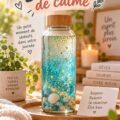 Bouteille de calme en verre remplie d'éléments naturels sur une table boho