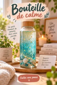 Bouteille de calme en verre remplie d'éléments naturels sur une table boho