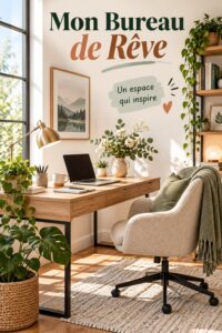Un bureau à domicile décoré dans un style bohème, avec des plantes, des tissus colorés et des meubles en bois.