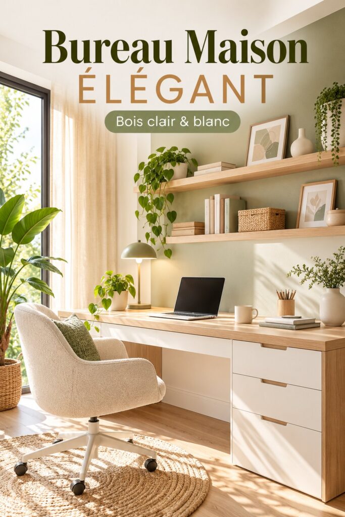 Bureau chic en bois clair avec une décoration bohème