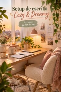 Un bureau décoré dans un style bohème, avec des plantes et des textiles chaleureux.