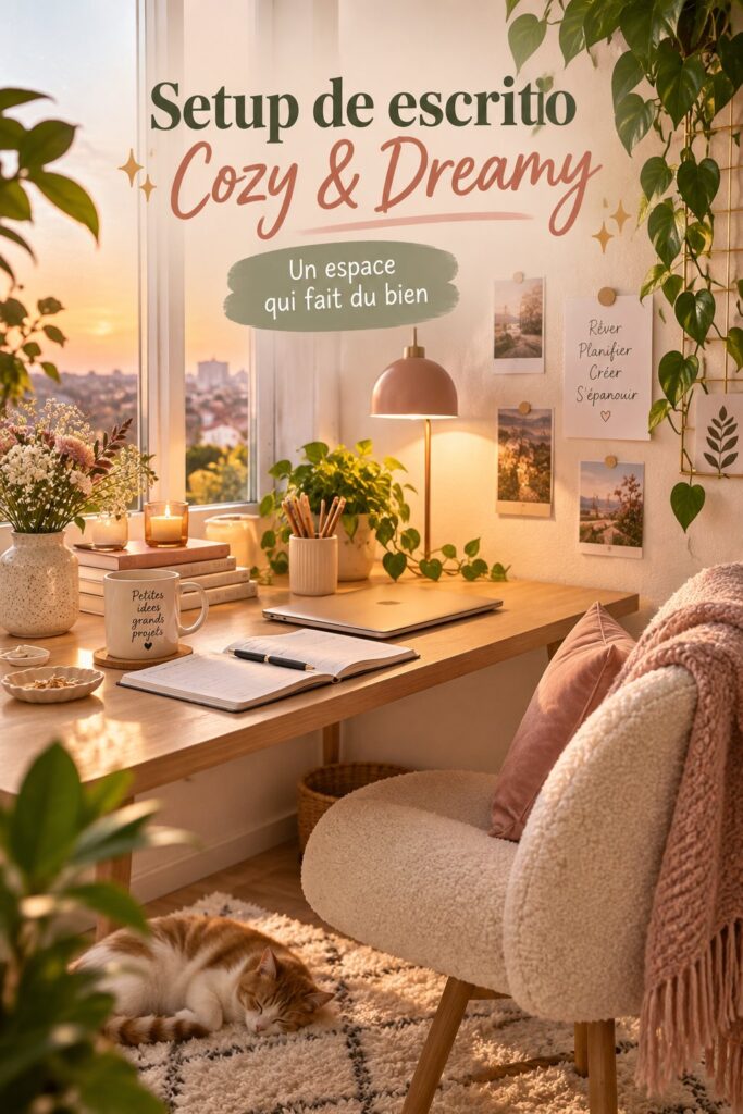 Un bureau décoré dans un style bohème, avec des plantes et des textiles chaleureux.