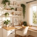 Bureau à domicile décoré dans un style bohème avec plantes et textiles chaleureux.