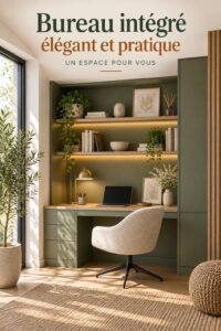 Un bureau intégré moderne avec des étagères stylistiques dans un intérieur bohème