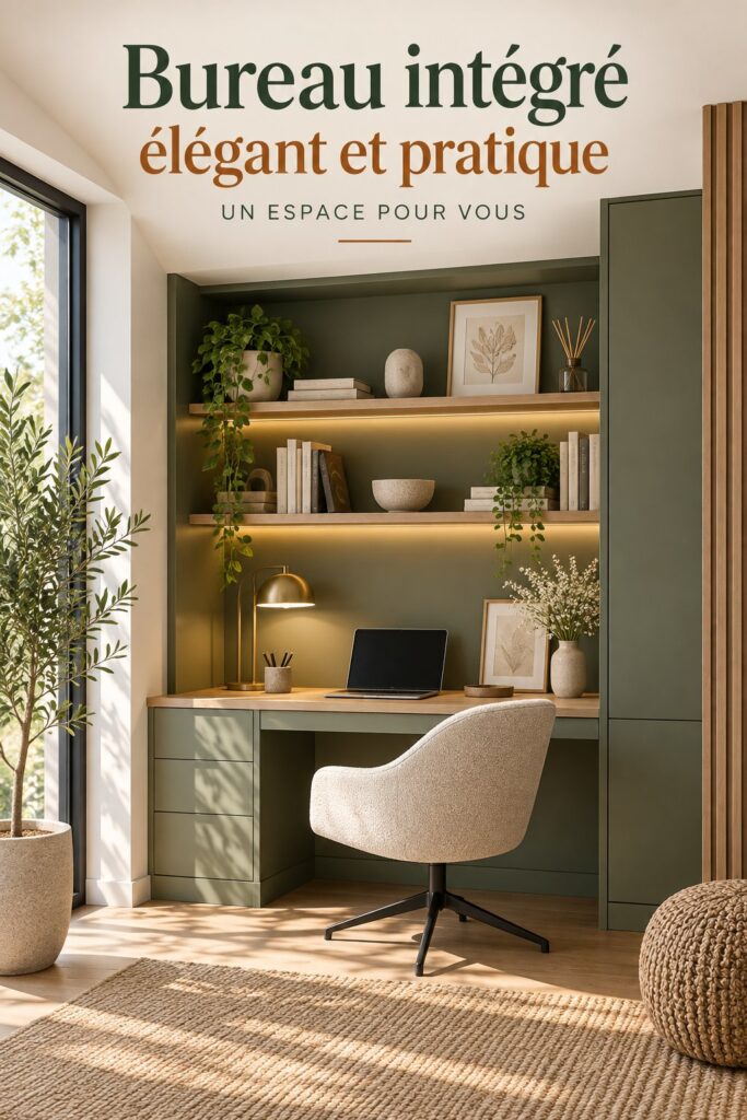 Un bureau intégré moderne avec des étagères stylistiques dans un intérieur bohème