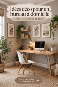Bureau à la maison décoré avec des nuances beige et un éclairage chaleureux