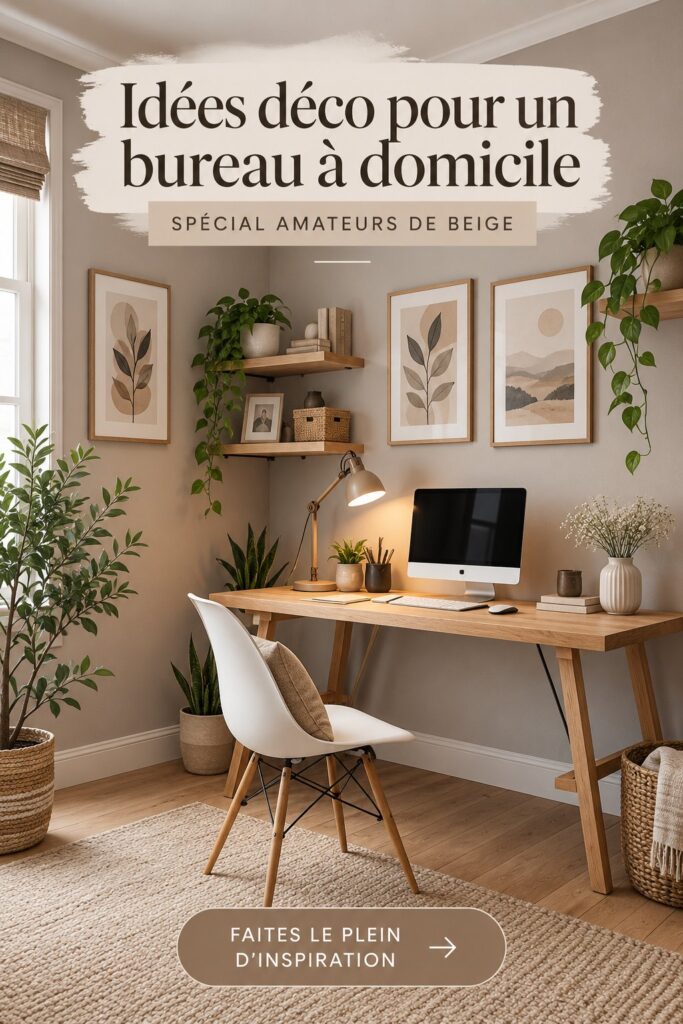 Bureau à la maison décoré avec des nuances beige et un éclairage chaleureux