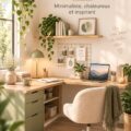 Un bureau L minimaliste décoré de plantes et d'objets chaleureux