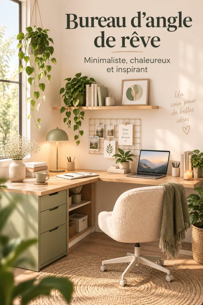 Un bureau L minimaliste décoré de plantes et d'objets chaleureux