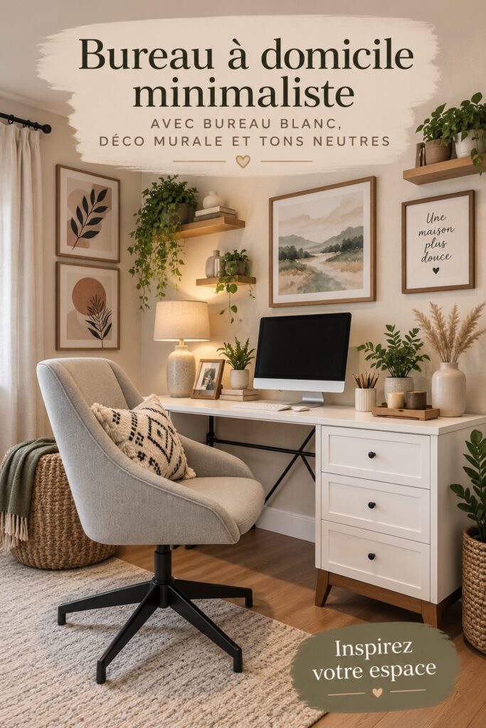 Bureau minimaliste avec desk blanc et art mural en tons neutres