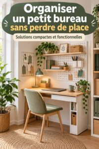 Un bureau pratique aménagé dans un petit espace avec des éléments de décoration bohème.