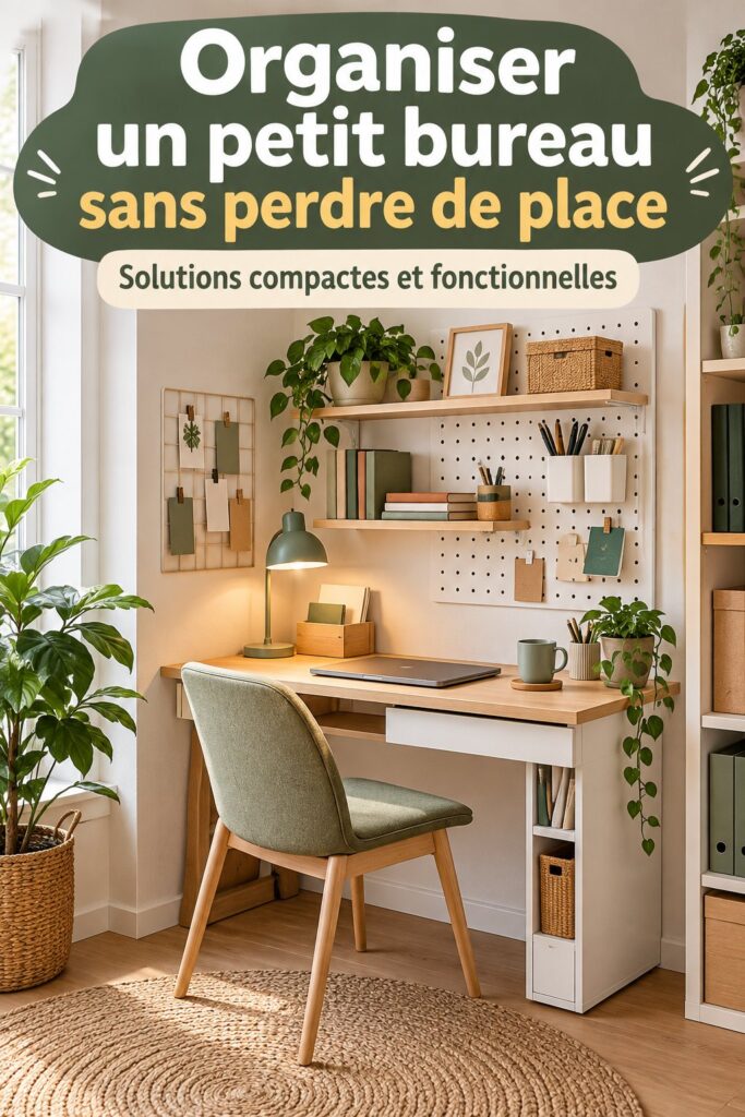 Un bureau pratique aménagé dans un petit espace avec des éléments de décoration bohème.