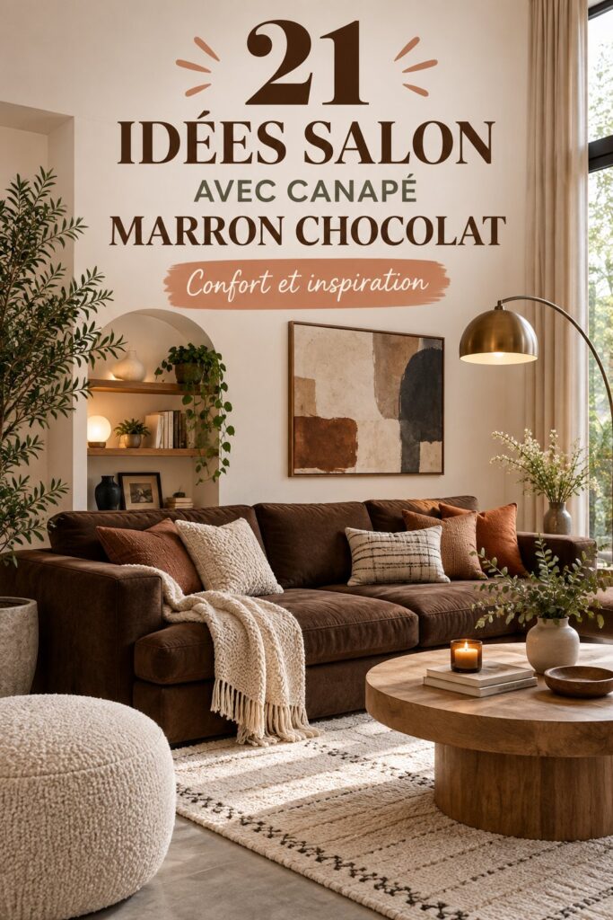 Salon décoré avec un canapé marron chocolat et des accessoires bohèmes, créant une ambiance chaleureuse.