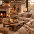 Un salon avec un canapé bohème confortable entouré d'éléments décoratifs chaleureux.
