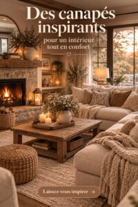 Un salon avec un canapé bohème confortable entouré d'éléments décoratifs chaleureux.