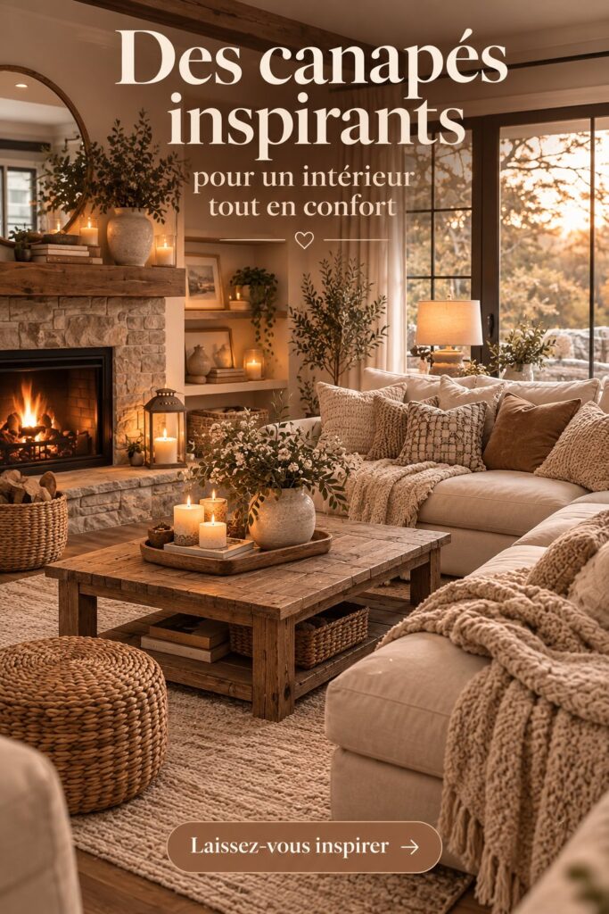Un salon avec un canapé bohème confortable entouré d'éléments décoratifs chaleureux.