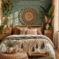 Une chambre bohème d'été avec des couleurs vives et des textures naturelles.