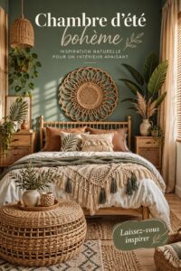 Une chambre bohème d'été avec des couleurs vives et des textures naturelles.