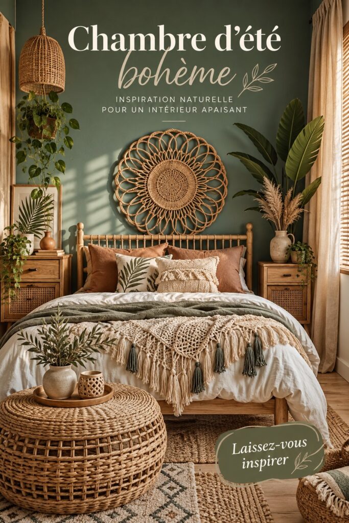 Une chambre bohème d'été avec des couleurs vives et des textures naturelles.