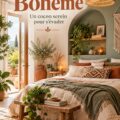 Chambre bohème chic avec des couleurs naturelles et des éléments décoratifs apaisants
