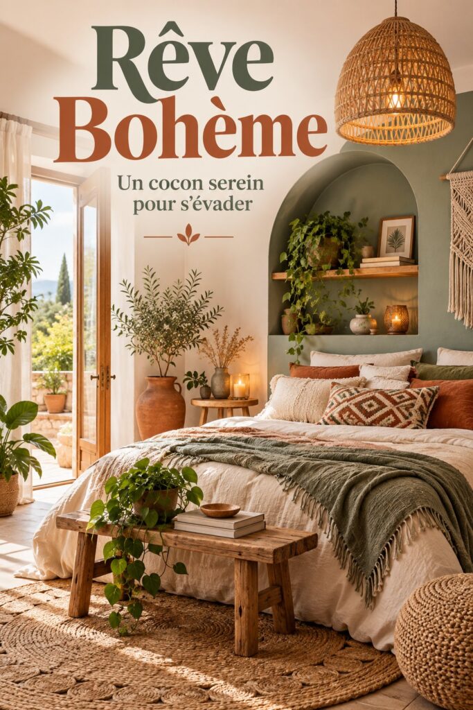 Chambre bohème chic avec des couleurs naturelles et des éléments décoratifs apaisants