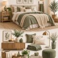 Chambre bohème chaleureuse avec des accents en vert sauge et un décor apaisant.