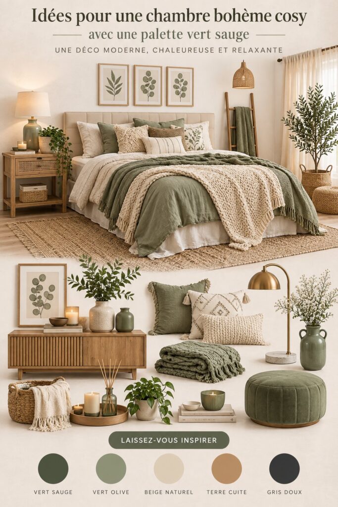 Chambre bohème chaleureuse avec des accents en vert sauge et un décor apaisant.