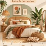 Chambre moderne avec décoration bohème et ambiance chaleureuse.