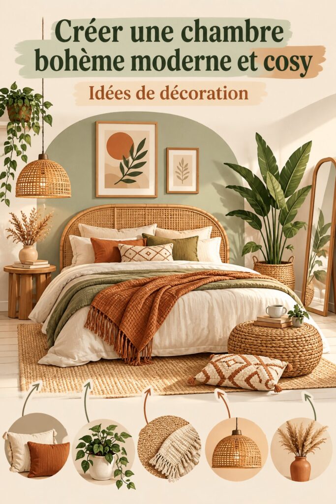 Chambre moderne avec décoration bohème et ambiance chaleureuse.