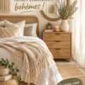Chambre bohème chaleureuse avec des textiles colorés et des plantes