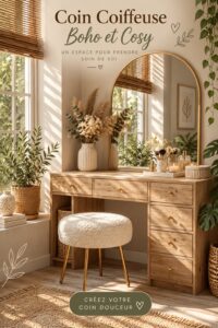 Coin beauté bohème avec un miroir et des accessoires naturels.