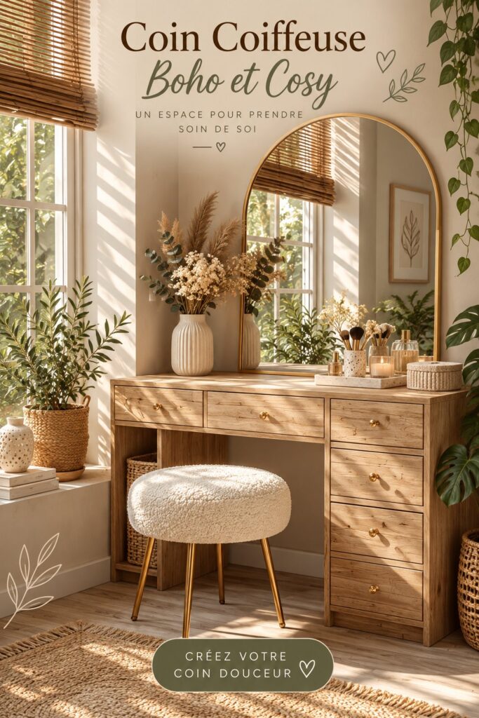 Coin beauté bohème avec un miroir et des accessoires naturels.