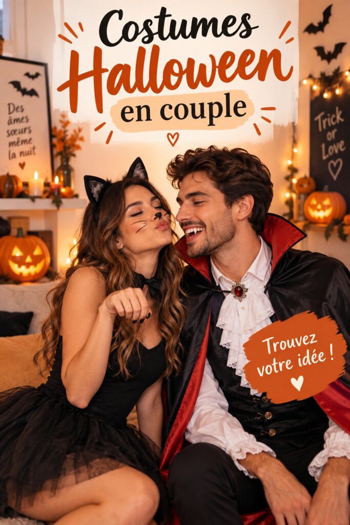 Couple déguisé pour Halloween avec des costumes assortis et élégants.