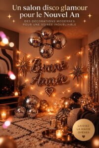 Un salon décoré dans un style bohème et disco pour le Nouvel An avec des couleurs vives et des lumières festives.